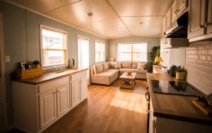 Beautifully remodeled mobile home interior showing modern kitchen with white cabinets, wood countertops, and open living room proving can you remodel a mobile home.