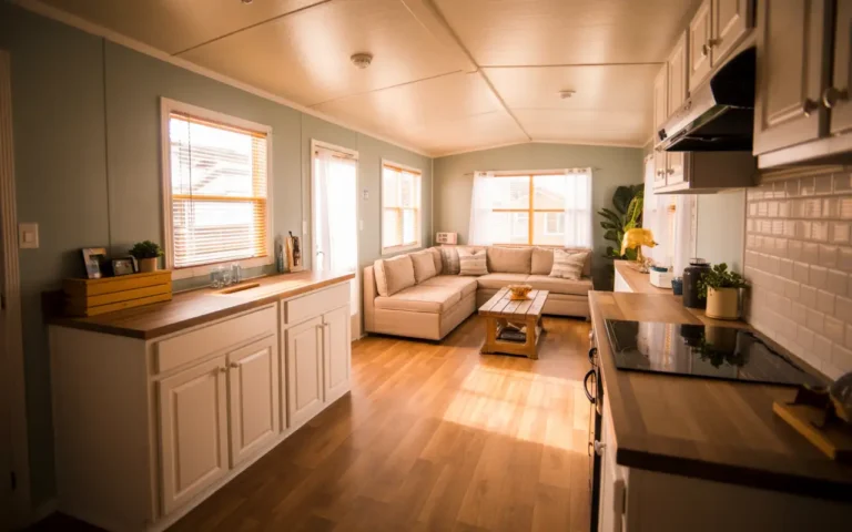 Beautifully remodeled mobile home interior showing modern kitchen with white cabinets, wood countertops, and open living room proving can you remodel a mobile home.