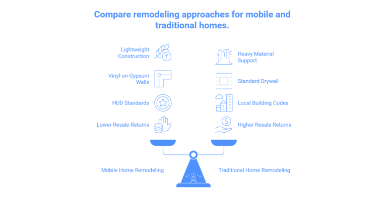 Comparison chart showing key differences between mobile home and traditional home remodeling including construction methods, materials, building codes, and resale returns.
