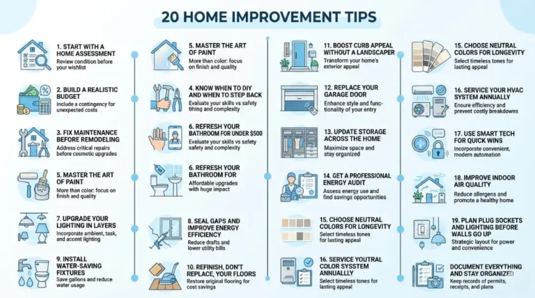 Infographic showing 20 expert home improvement tips and tricks covering budgeting, DIY projects, energy efficiency, and curb appeal