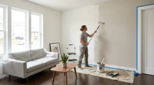 Homeowner painting living room walls with a roller as part of DIY home improvement tips on a budget