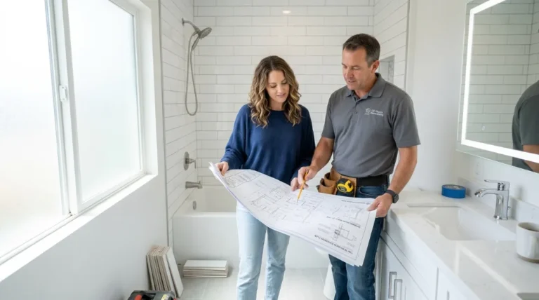 Homeowner reviewing bathroom renovation blueprints with a contractor near a bathtub to plan tub-to-shower conversion costs and save money