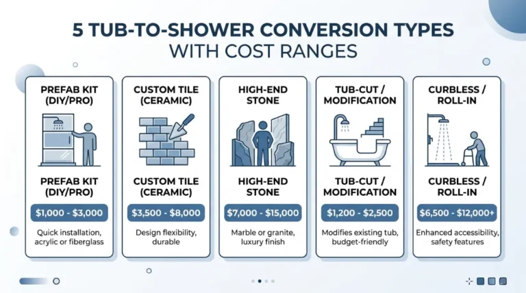 Infographic showing 5 tub-to-shower conversion types with cost ranges from $1,000 to $15,000 including prefab kit, custom tile, natural stone, tub modification, and curbless shower