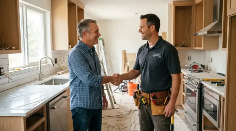 Homeowner shaking hands with a licensed contractor during a kitchen remodeling project