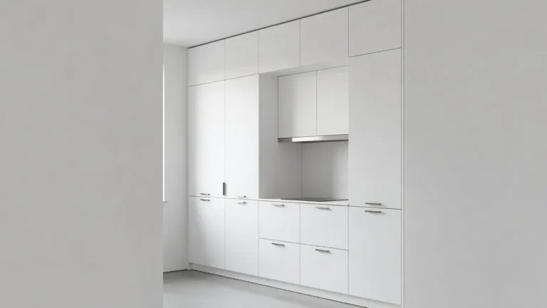 Ceiling-height white kitchen cabinets with clean vertical lines and no gap above, maximizing vertical space in a small compact kitchen