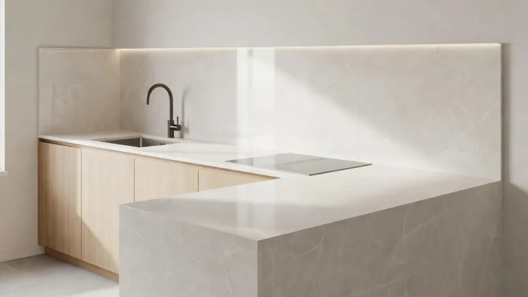 Small kitchen countersplash using matching light quartz countertop and backsplash in the same material for seamless visual continuity
