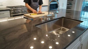 Granite And Sink Installation with undermount sink and polished countertop in modern kitchen