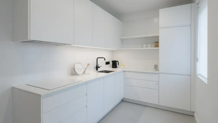 Small kitchen with flat-front handleless white cabinets extending to the ceiling, clean minimal lines, under-cabinet lighting, and clutter-free quartz countertop