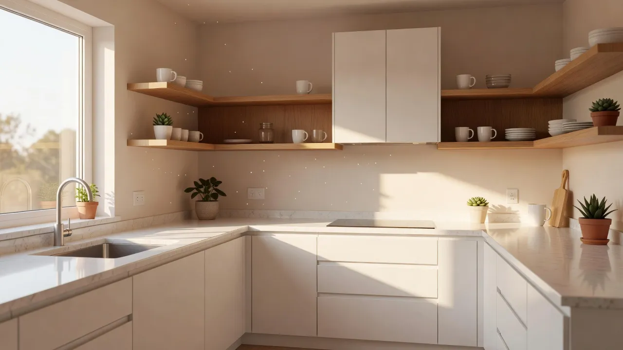 How to make a small kitchen look bigger with warm white cabinets, open wooden shelves, natural light, and clutter-free quartz countertops