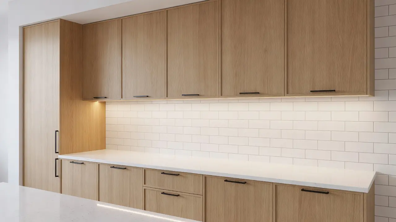 How to make oak kitchen cabinets look modern with flat panel doors, matte black bar pulls, white quartz countertop, subway tile backsplash, and warm under-cabinet LED lighting