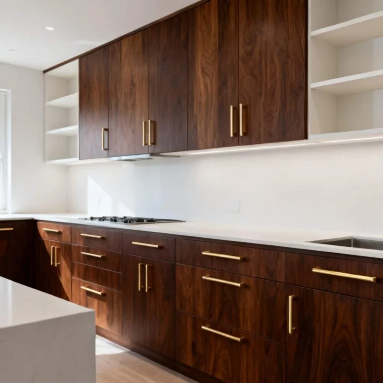 how to make oak kitchen cabinets look modern with dark wood finish, sleek gold handles, and clean white countertop design
