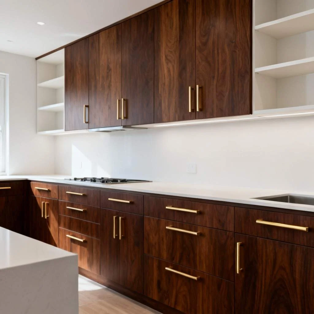 how to make oak kitchen cabinets look modern with dark wood finish, sleek gold handles, and clean white countertop design