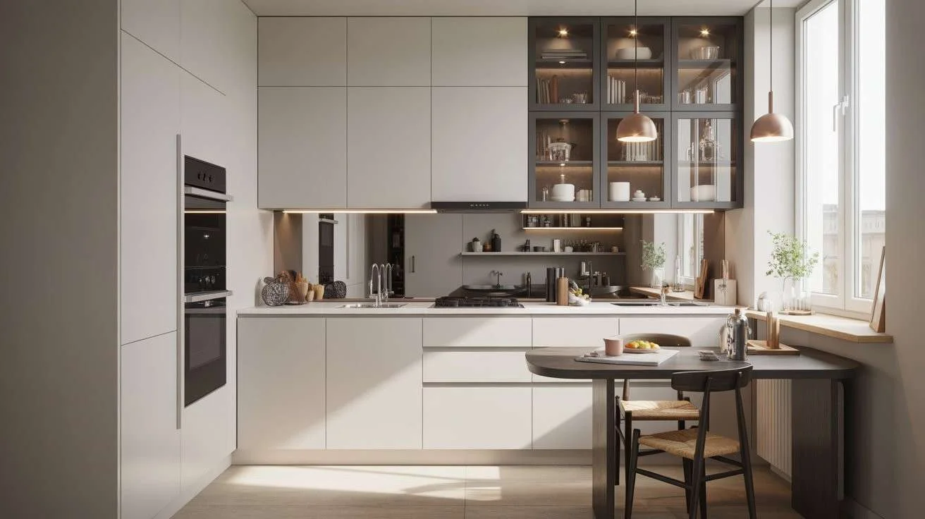 How to make a small kitchen look bigger with white cabinets, natural light, and modern compact kitchen design