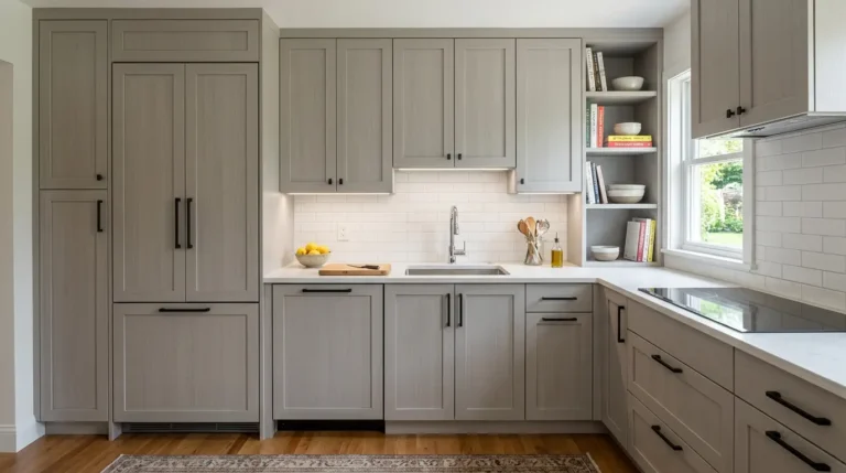 Small kitchen with integrated refrigerator and panel-ready dishwasher hidden behind matching gray cabinet doors creating seamless visual continuity
