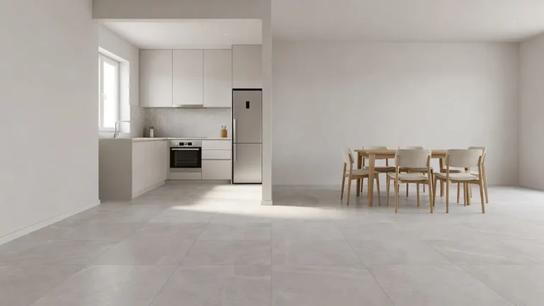Light gray large format tiles flowing continuously from a small kitchen into the adjacent dining area creating a seamless open and spacious visual flow