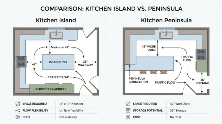 Floor plan infographic comparing kitchen island vs peninsula layout showing traffic flow, clearance measurements, and work zone spacing