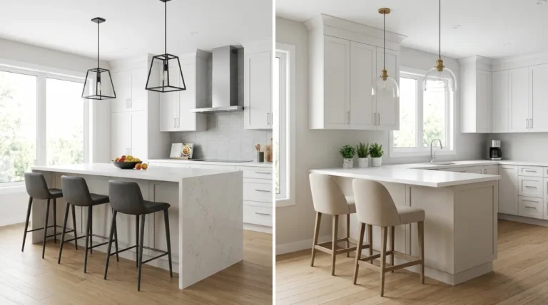 Kitchen peninsula vs island side-by-side comparison showing a freestanding island with marble countertop and bar stools in a modern white kitchen