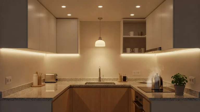 Layered kitchen lighting scheme with recessed ceiling lights, under-cabinet LED strips, and pendant light making a small kitchen feel bigger