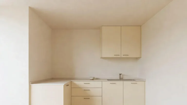 Small kitchen with warm cream cabinets, matching ceiling, and light-toned walls creating visual continuity and illusion of a bigger space