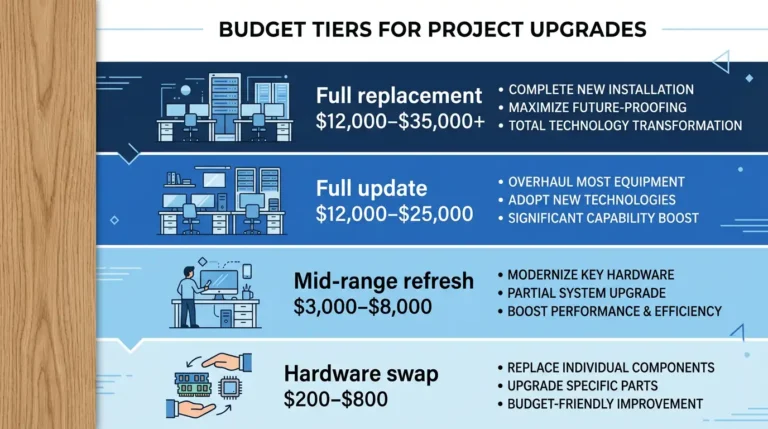 Budget breakdown infographic for updating oak kitchen cabinets — four cost tiers from $200 hardware swap to $35,000 full cabinet replacement, showing what each level includes
