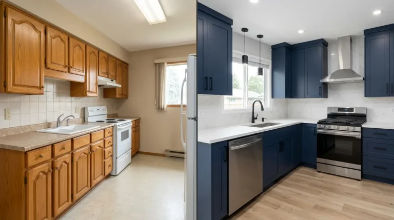 Before and after updating oak kitchen cabinets — dated honey oak with raised panel doors transformed into modern navy blue shaker cabinets with matte black hardware, white quartz countertop, and stainless steel appliances