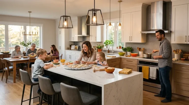 Family gathered around a large kitchen island with marble countertop in an open-concept kitchen featuring peninsula layout, pendant lighting, and white cabinetry