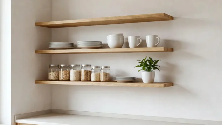 Two open wooden kitchen shelves displaying clean white dishes, glass jars, and a small plant against a light wall creating an airy spacious feel