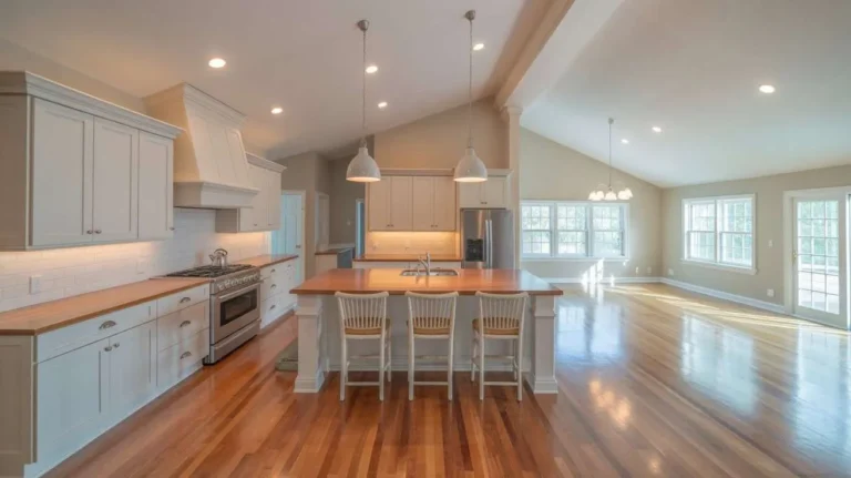 Raised Ranch Open Concept Kitchen featuring white shaker cabinets, butcher block island with seating, hardwood floors, and pendant lighting open to living area