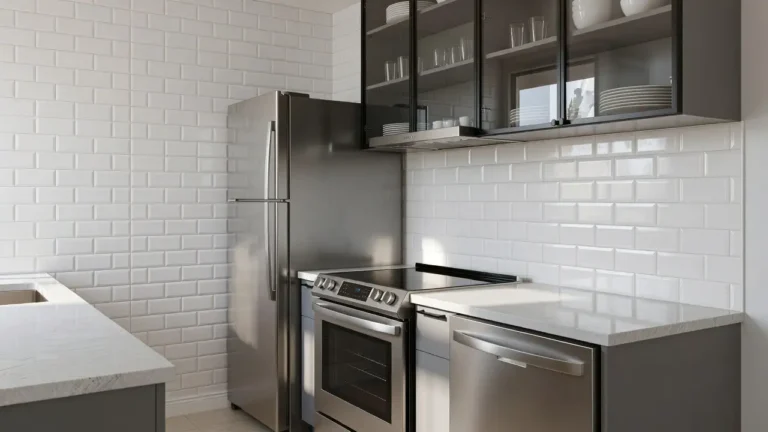 Small kitchen with stainless steel appliances, glossy white subway tile backsplash, and glass-front cabinets bouncing light to create a bigger feeling space