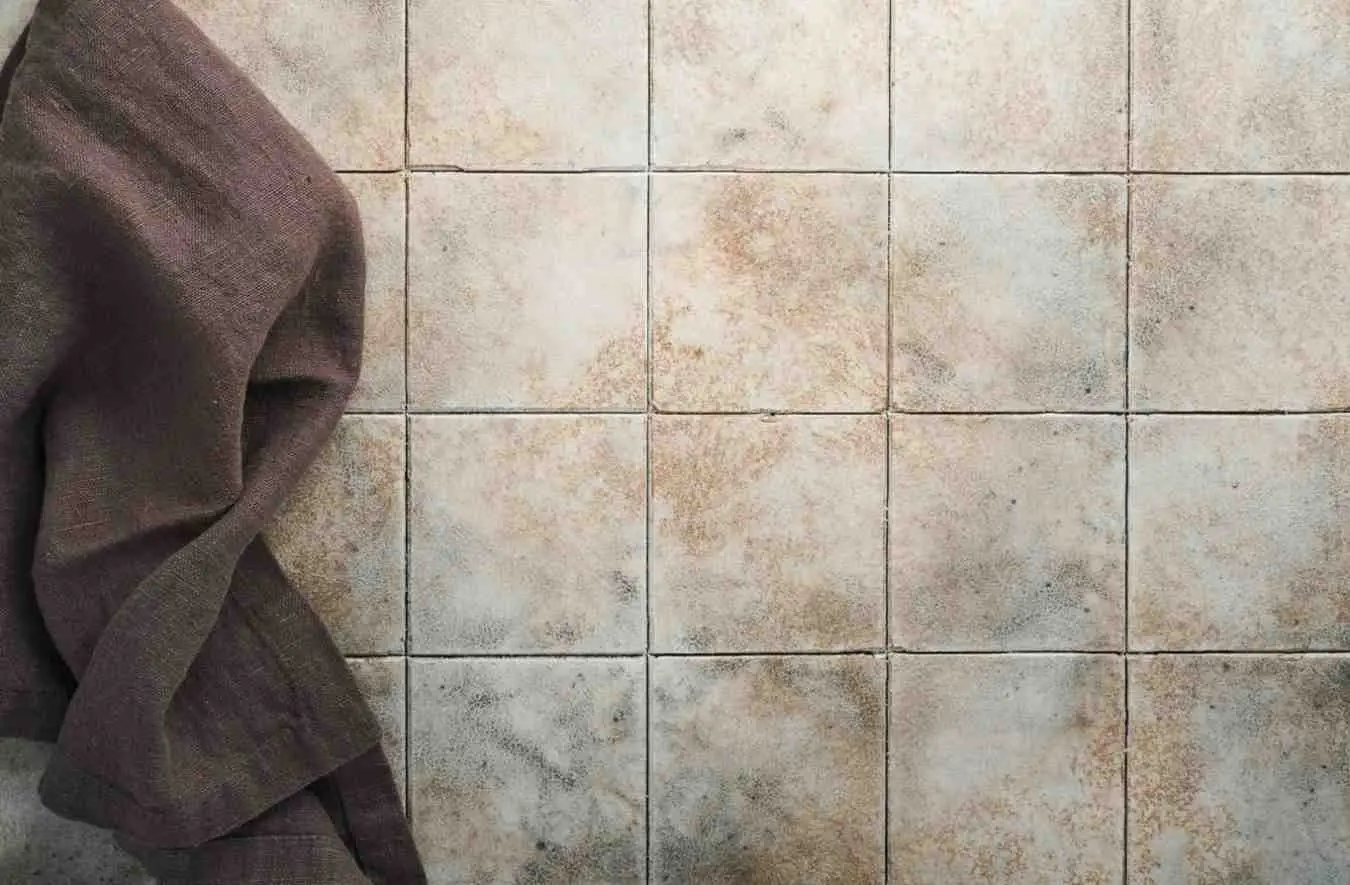 Close-up of ceramic wall tiles with stained grout lines and a cloth on the side, showing surface wear and the need to regrout tile.