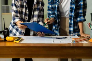 homeowners reviewing remodeling project checklist and planning home renovation steps on blueprint