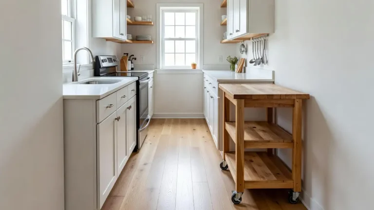 Small galley kitchen with a butcher block rolling cart on wheels positioned beside white cabinets keeping the aisle clear and functional