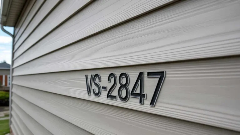 Vinyl siding Identification Numbers VS-2847 stamped on exterior wall panel for siding identification and matching