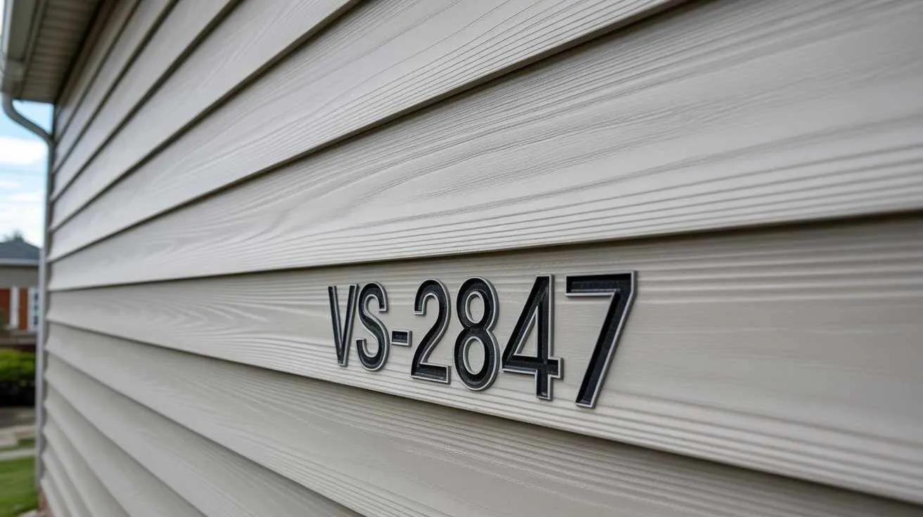 Vinyl siding Identification Numbers VS-2847 stamped on exterior wall panel for siding identification and matching