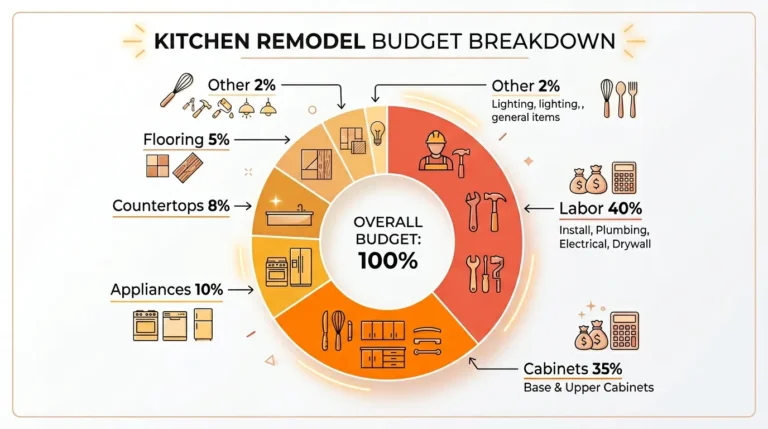 Kitchen remodel budget breakdown donut chart showing 10x10 kitchen remodel cost split labor 40%, cabinets 35%, appliances 10%, countertops 8%, flooring 5%, and other 2%