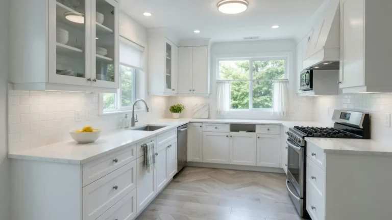 10x10 kitchen remodel cost example showing white shaker cabinets, quartz countertops, subway tile backsplash, and herringbone LVP flooring in a bright modern kitchen