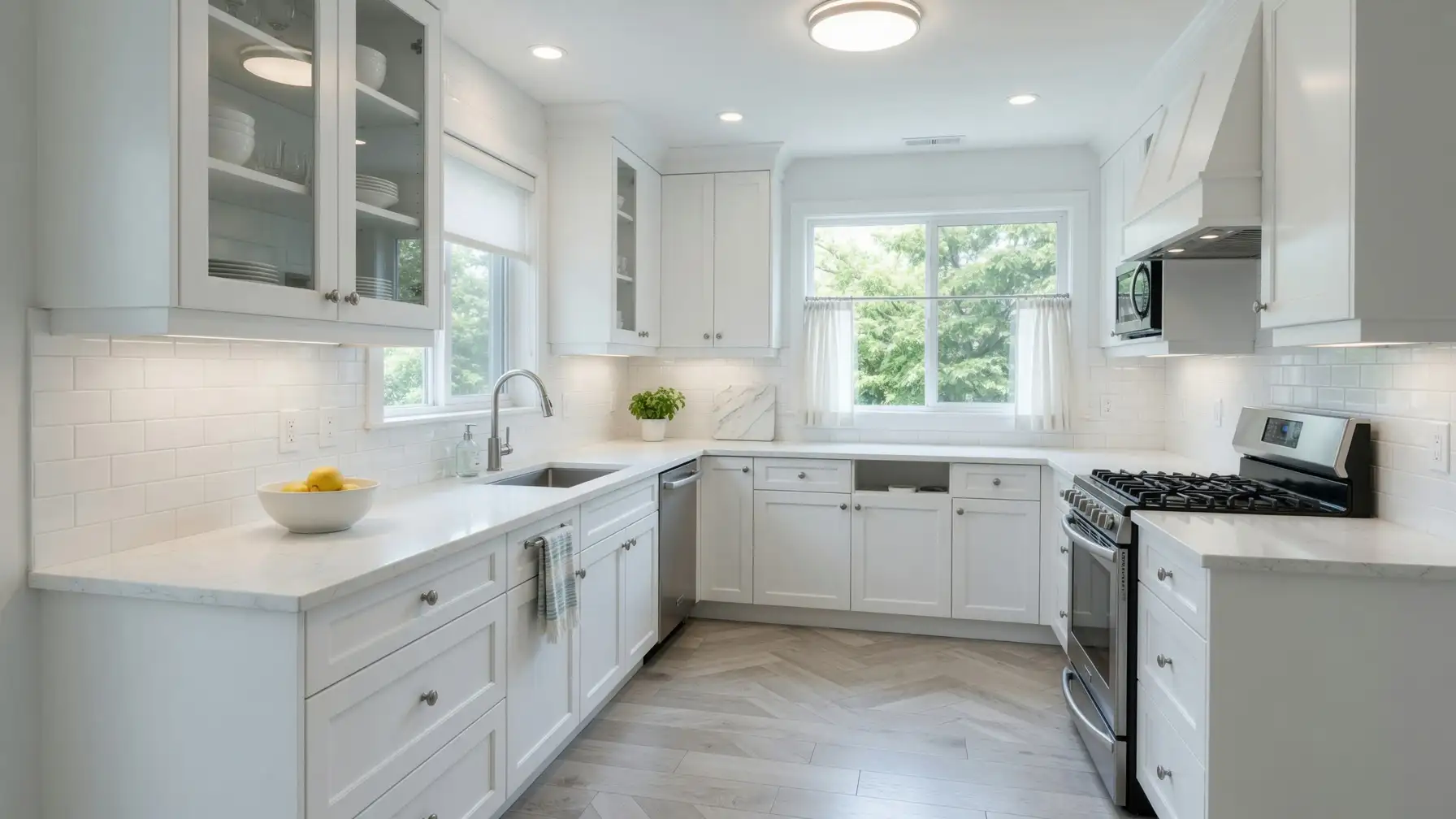 10x10 kitchen remodel cost example showing white shaker cabinets, quartz countertops, subway tile backsplash, and herringbone LVP flooring in a bright modern kitchen