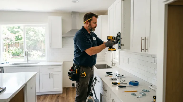 Licensed contractor installing white shaker cabinets during a 10x10 kitchen remodel labor cost project, with drill, tool belt, quartz countertops, and subway tile backsplash visible