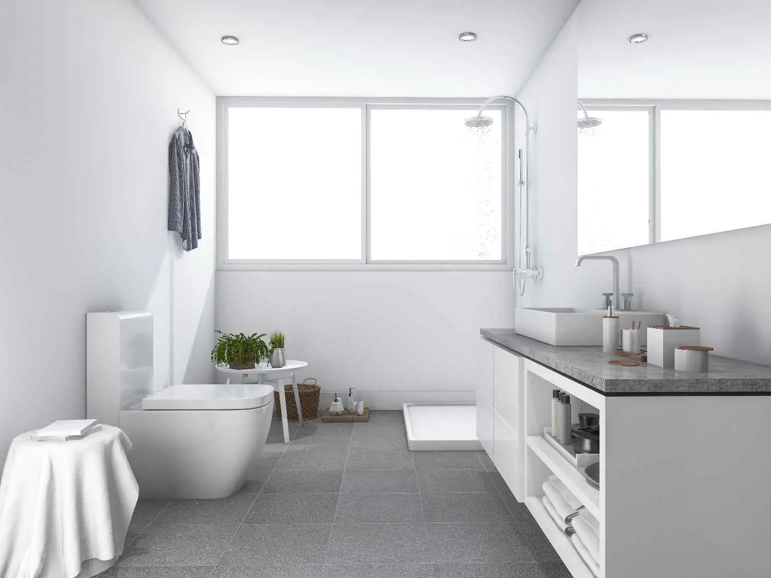 Modern white bathroom with walk-in shower, floating vanity, large mirror, and clean minimalist design showing practical bathroom upgrades you’ve been missing.