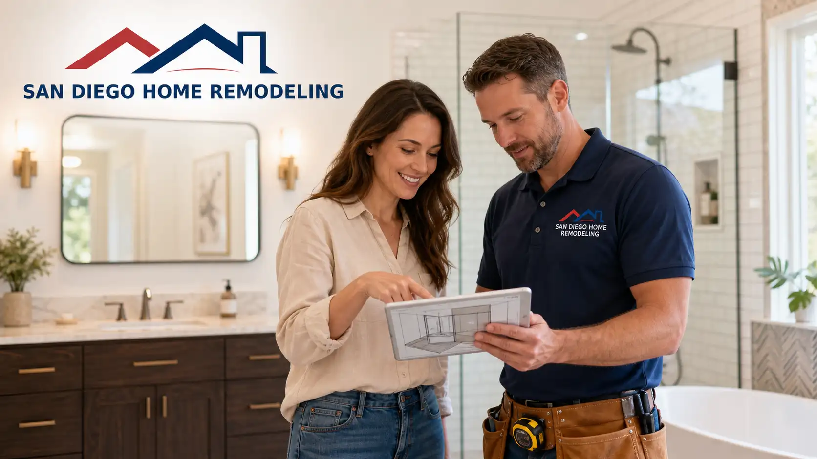 A homeowner and San Diego Home Remodeling contractor reviewing how to plan a bathroom remodel on a tablet inside a modern bathroom with double vanity and frameless shower