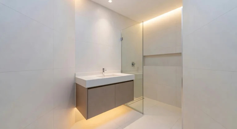 How to remodel a small bathroom with a floating vanity, frameless walk-in shower, large format white tile, and warm LED lighting in a modern minimalist design.