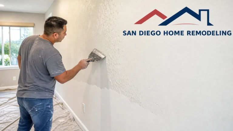 How to remove texture from walls: Homeowner using a drywall scraper to remove texture from walls in a San Diego home remodeling project with drop cloth on floor.