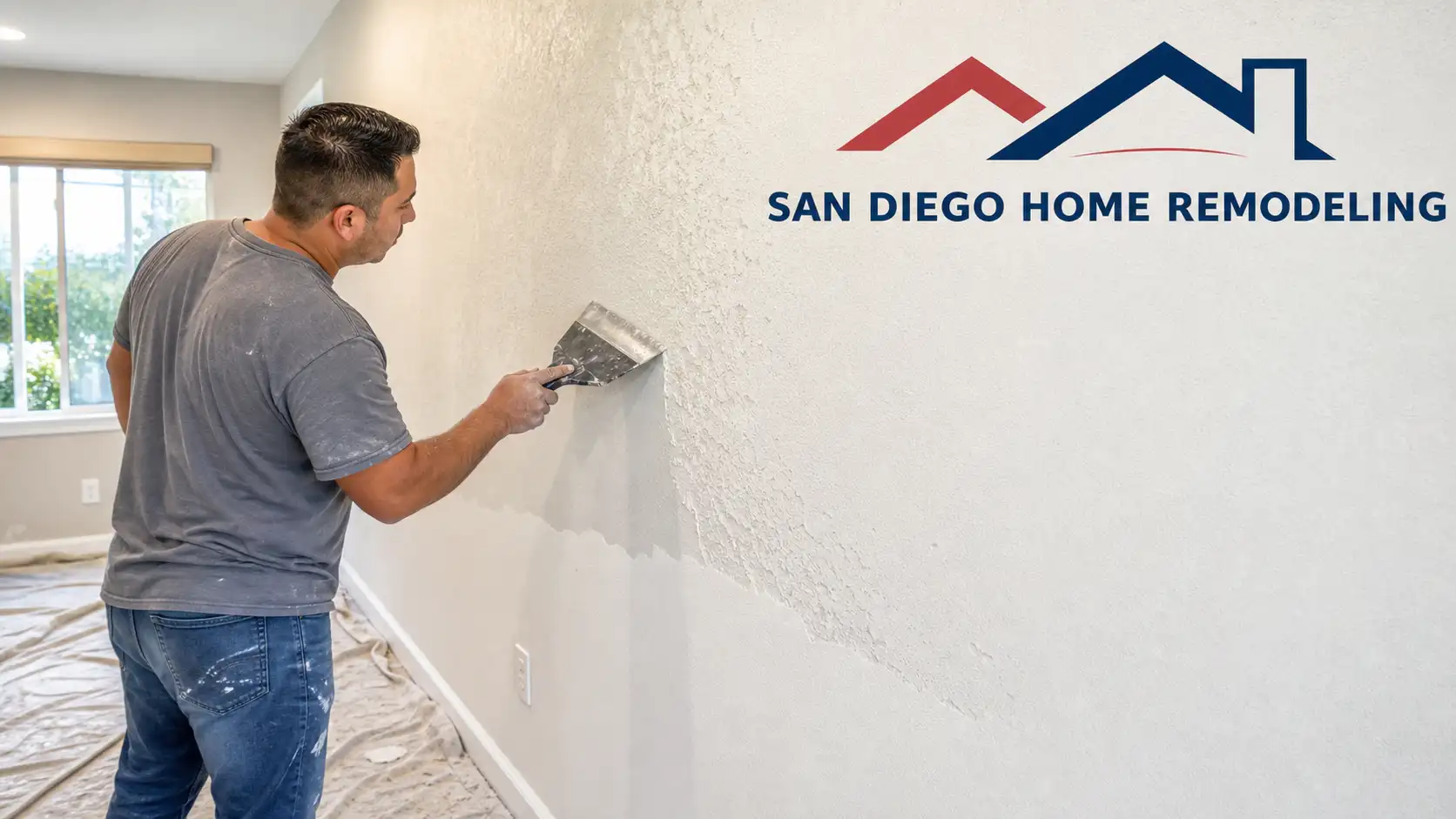 How to remove texture from walls: Homeowner using a drywall scraper to remove texture from walls in a San Diego home remodeling project with drop cloth on floor.