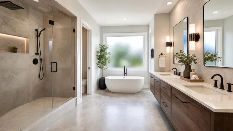 Modern master bathroom remodel with large-format floor tile, frameless shower door, recessed shower niche, freestanding bathtub, double vanity, and matte black plumbing fixtures