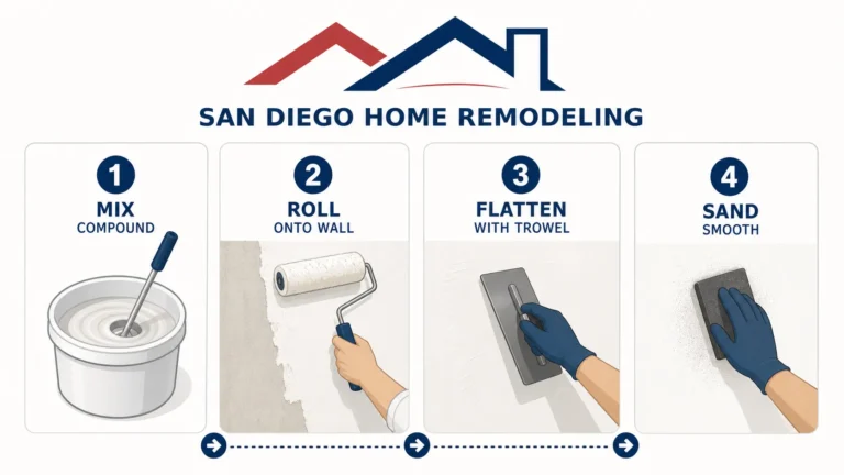 4-step skim coating infographic showing how to mix joint compound, roll onto wall, flatten with trowel, and sand smooth for painted texture removal.