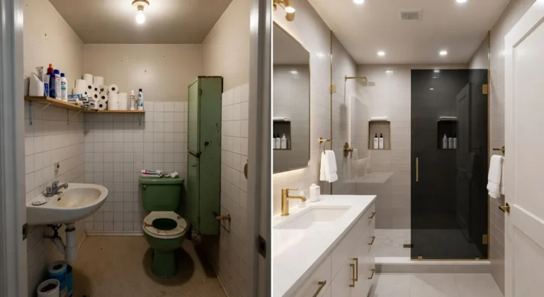 Small bathroom remodel before and after showing outdated pedestal sink and green toilet transformed into a modern floating vanity, quartz countertop, brushed gold hardware, and frameless shower doors.
