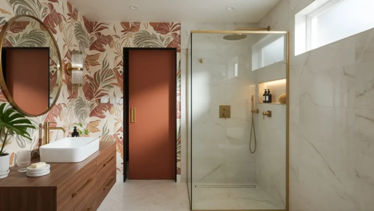 Small bathroom renovation ideas and trends 2026 featuring botanical wallpaper accent wall, wood floating vanity, brushed gold hardware, frameless walk-in shower with rain showerhead, and round statement mirror.
