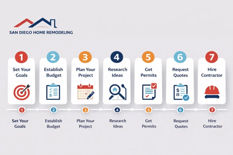 7-step bathroom remodel infographic by San Diego Home Remodeling showing how to set goals, establish budget, plan the project, research ideas, get permits, request quotes, and hire a contractor