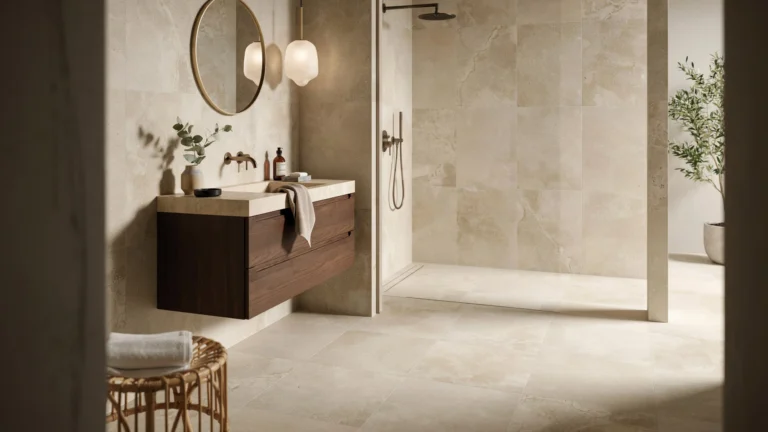 Curbless walk-in shower and dark walnut floating vanity in a 2026 trend bathroom with limestone tile and brass fixtures.