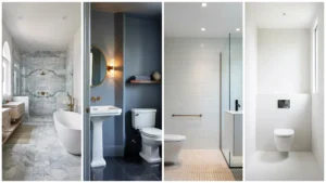 Four types of bathrooms side by side showing a full bathroom with soaking tub, half bathroom with pedestal sink, three-quarter bathroom with walk-in shower, and quarter bathroom with wall-hung toilet
